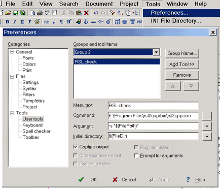 Настройки для подключения rsl2cpp.exe к EditPlus
